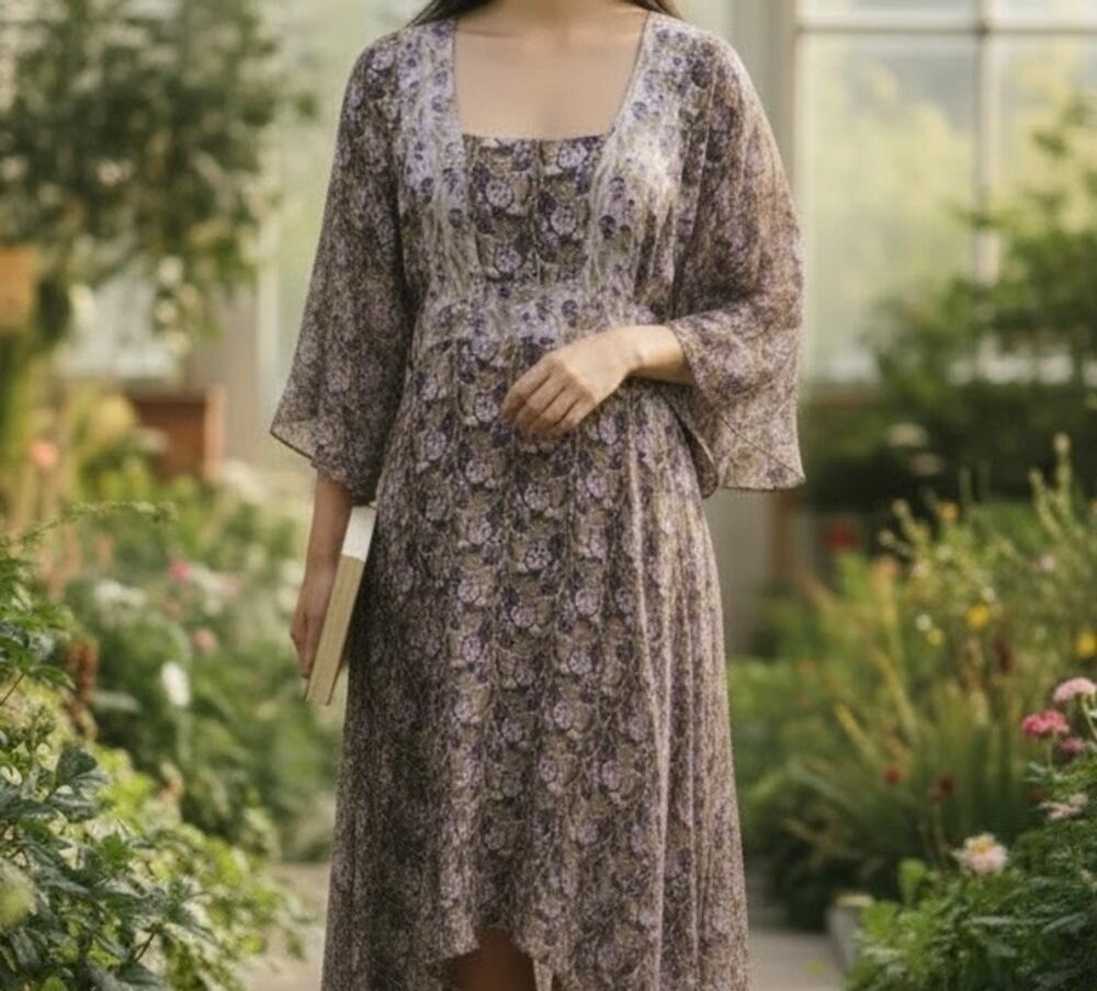Michael Kors Silk Floral Mixed Media Boho Dress Women's Medium Purple